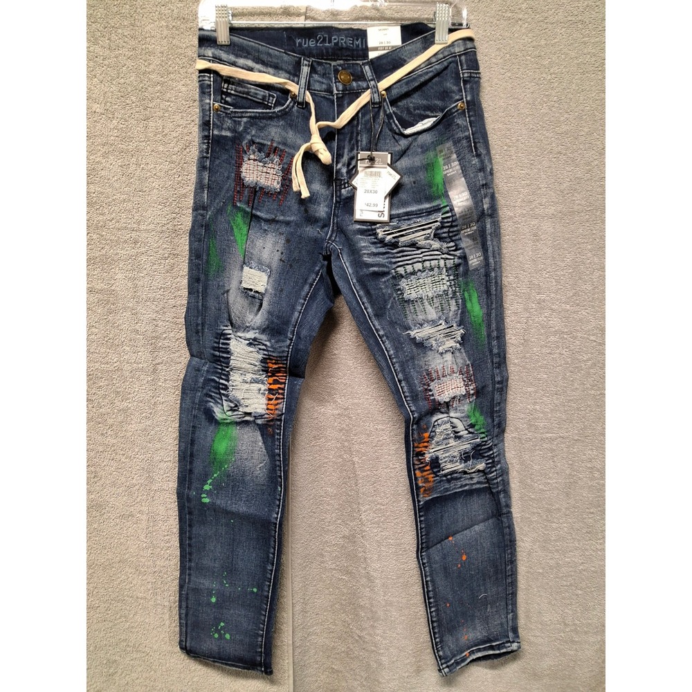 Rue21 Premium Supreme Flex Mens Skinny Jeans 28x30Distressed Paint Splatter Blue